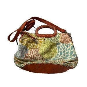 Fossil Leather Trim Floral Canvas Adj Strap Bag Satchel Boho Multicolor Medium